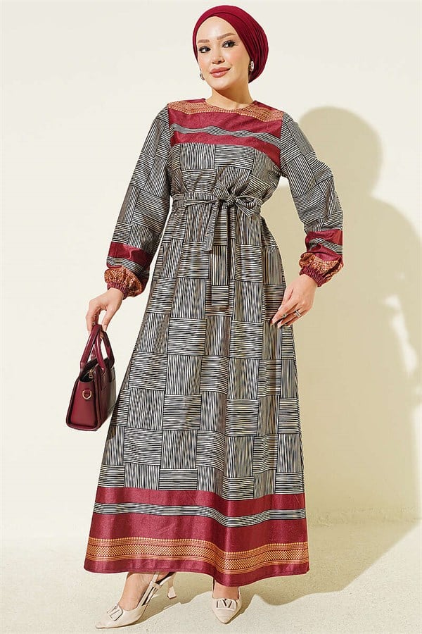 Burgundy Checkered Dress with Elasticated Ankles
