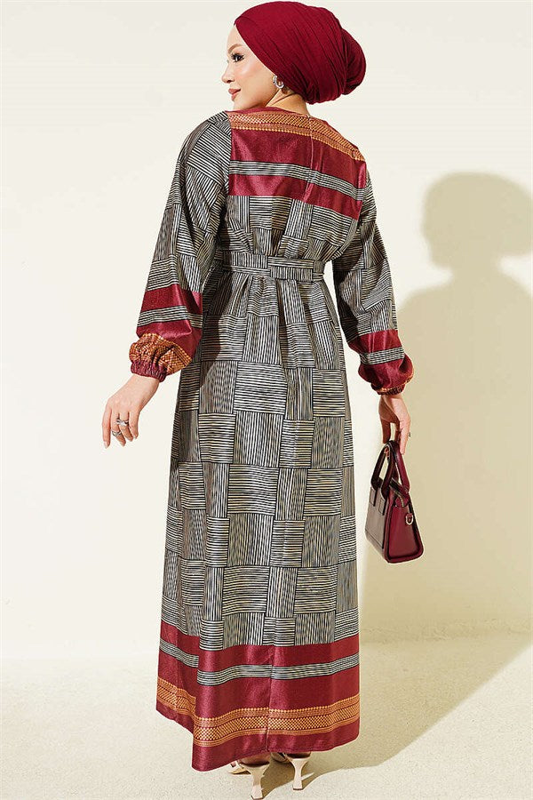 Burgundy Checkered Dress with Elasticated Ankles