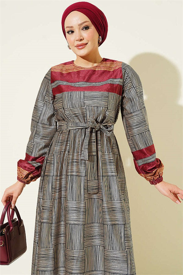 Burgundy Checkered Dress with Elasticated Ankles