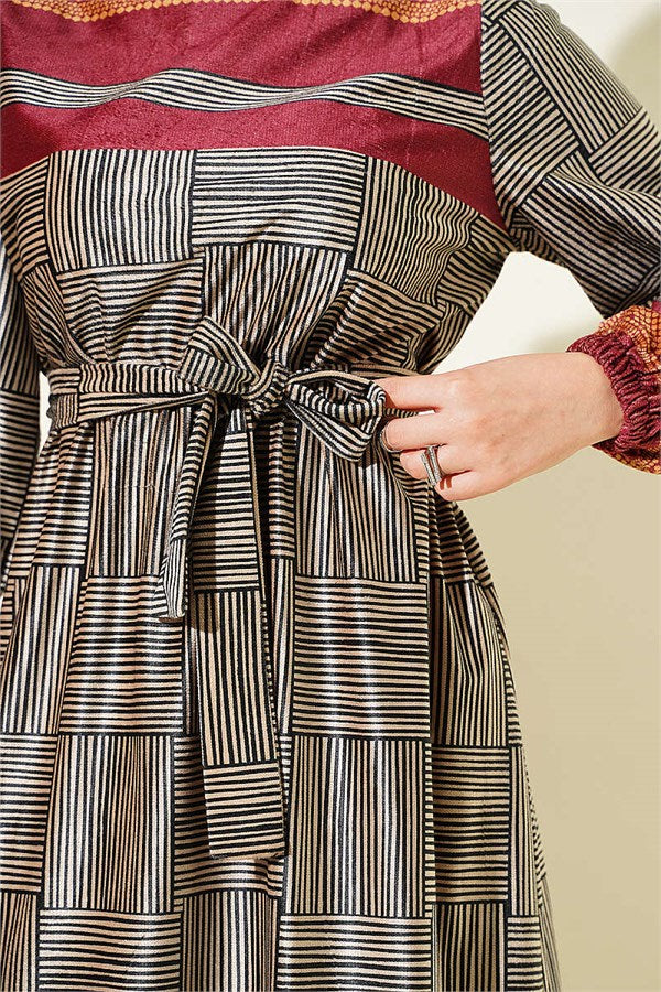 Burgundy Checkered Dress with Elasticated Ankles