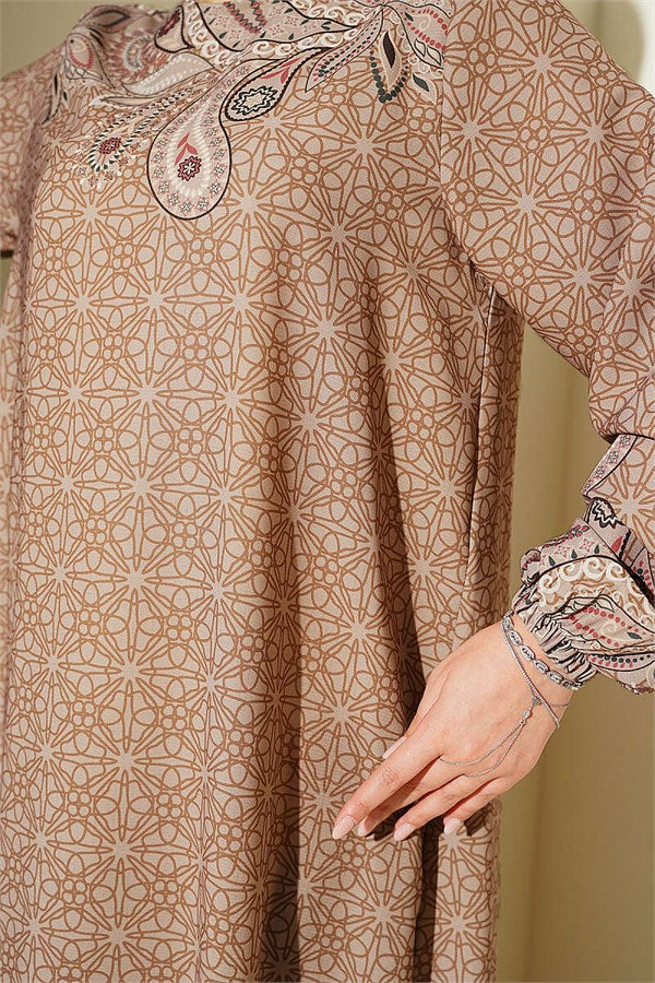 Camel Dress with Elasticated Ankles and Pattern Detail