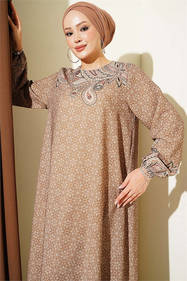 Camel Dress with Elasticated Ankles and Pattern Detail