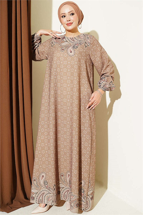 Camel Dress with Elasticated Ankles and Pattern Detail