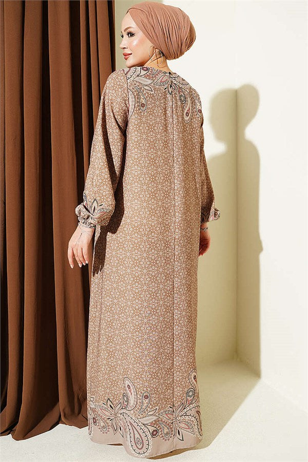 Camel Dress with Elasticated Ankles and Pattern Detail