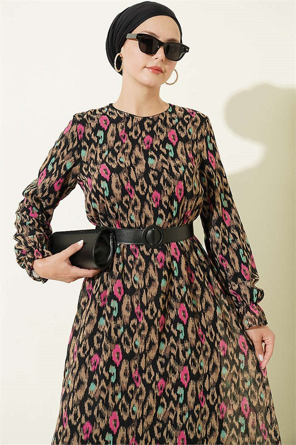 Patterned Dress with Elastic Ankle Straps, Mink Color
