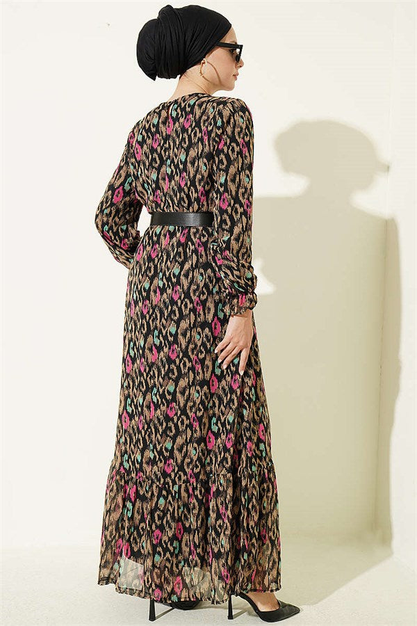 Patterned Dress with Elastic Ankle Straps, Mink Color