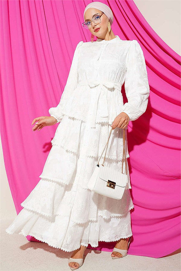 Patterned Layered Dress with Elastic Ankles, White
