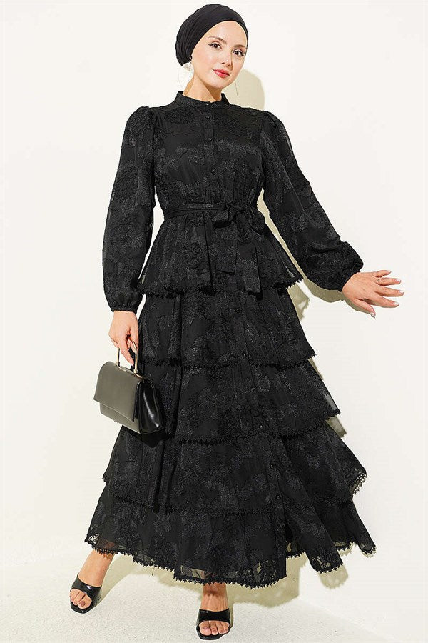 Patterned Layered Dress with Elastic Ankles, Black