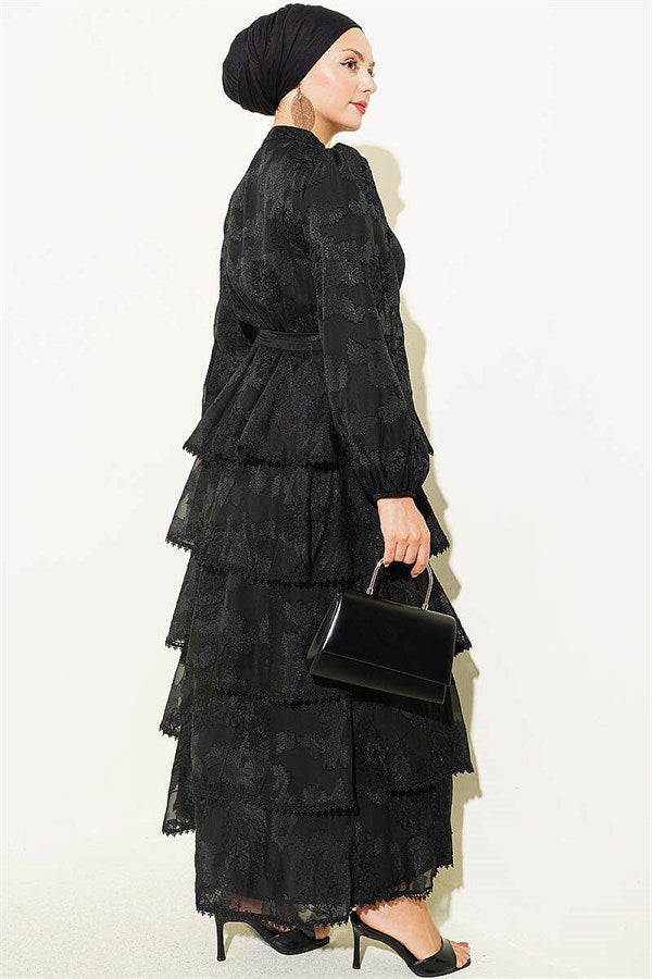 Patterned Layered Dress with Elastic Ankles, Black
