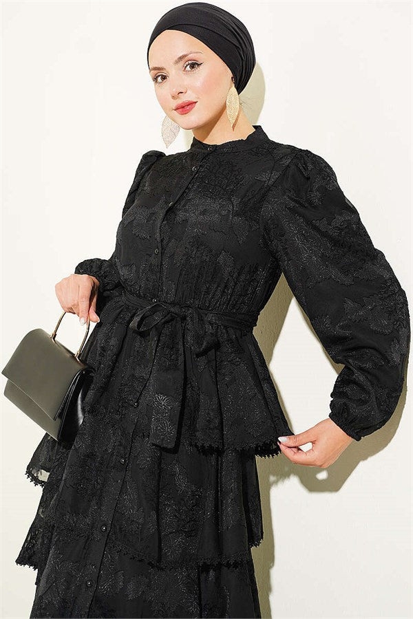 Patterned Layered Dress with Elastic Ankles, Black