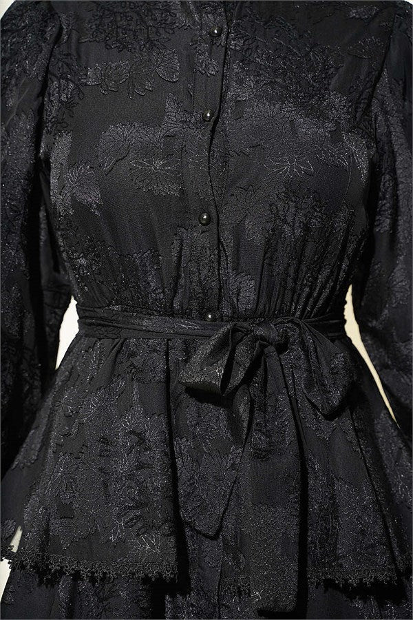 Patterned Layered Dress with Elastic Ankles, Black