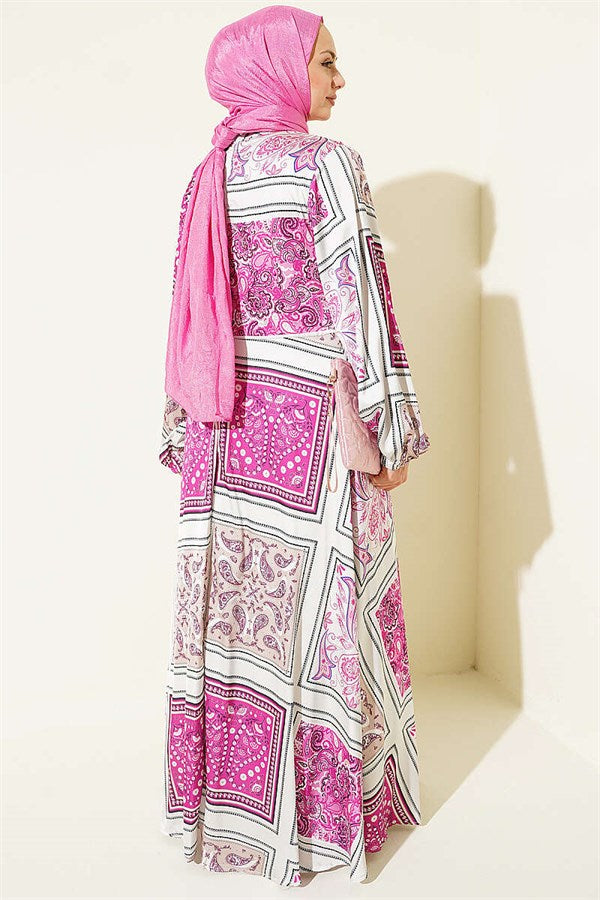 Fuchsia Patterned Satin Dress with Elastic Ankle Straps