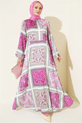 Fuchsia Patterned Satin Dress with Elastic Ankle Straps