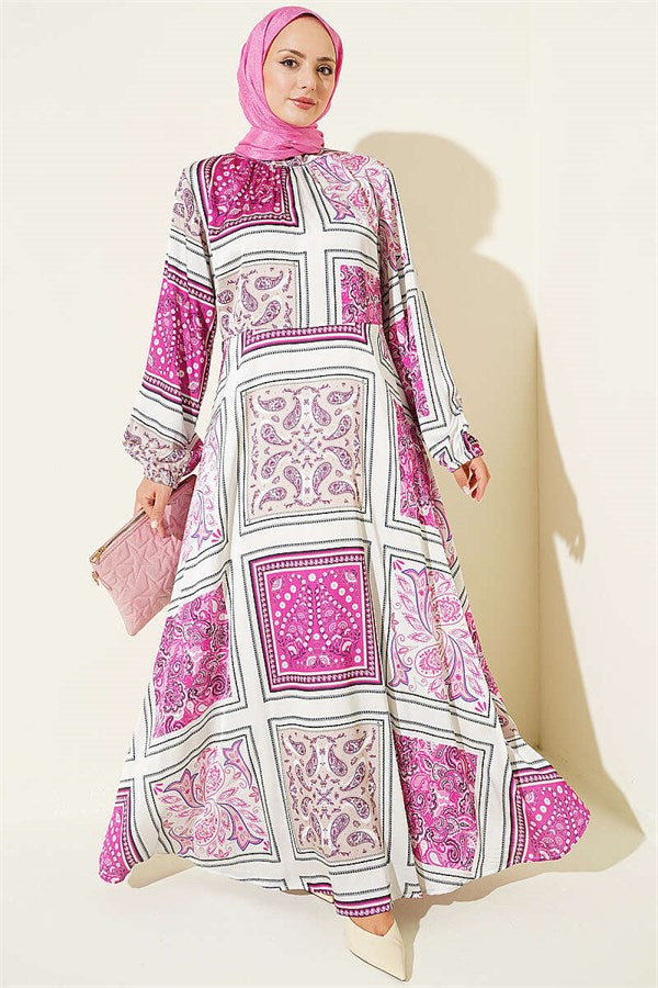 Fuchsia Patterned Satin Dress with Elastic Ankle Straps