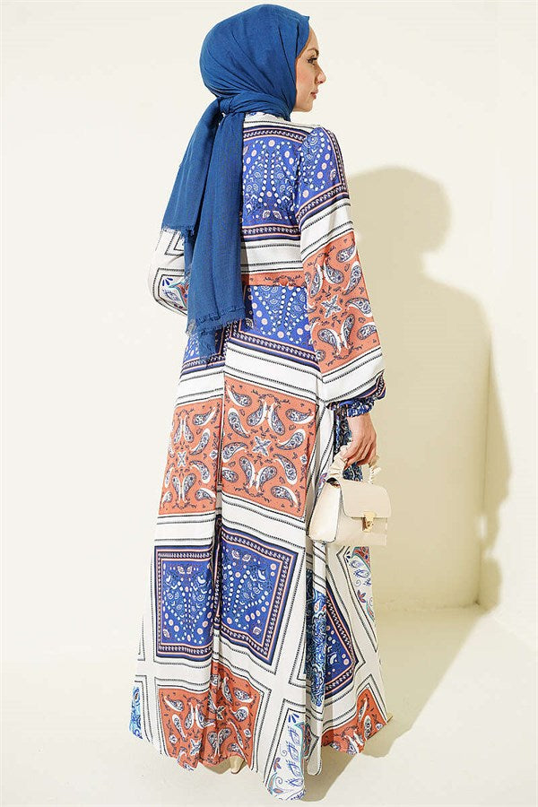Patterned Satin Dress with Elastic Ankle Straps, Blue