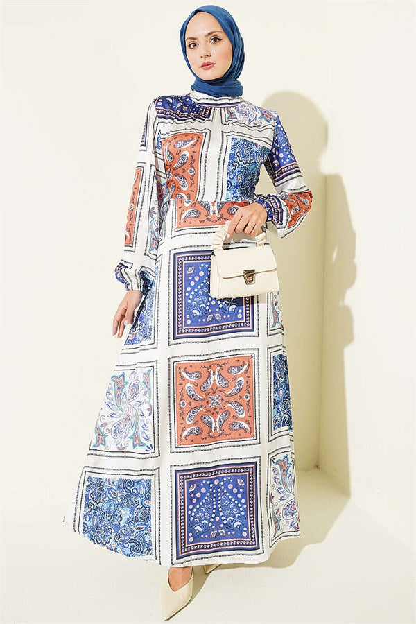 Patterned Satin Dress with Elastic Ankle Straps, Blue
