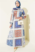 Patterned Satin Dress with Elastic Ankle Straps, Blue