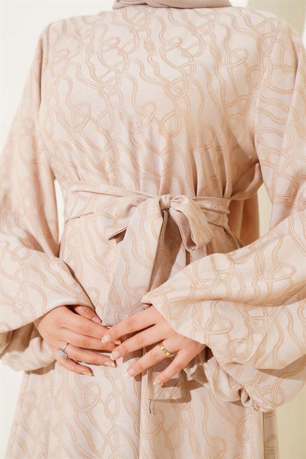Elasticated Ankle Knot Pattern Dress Beige