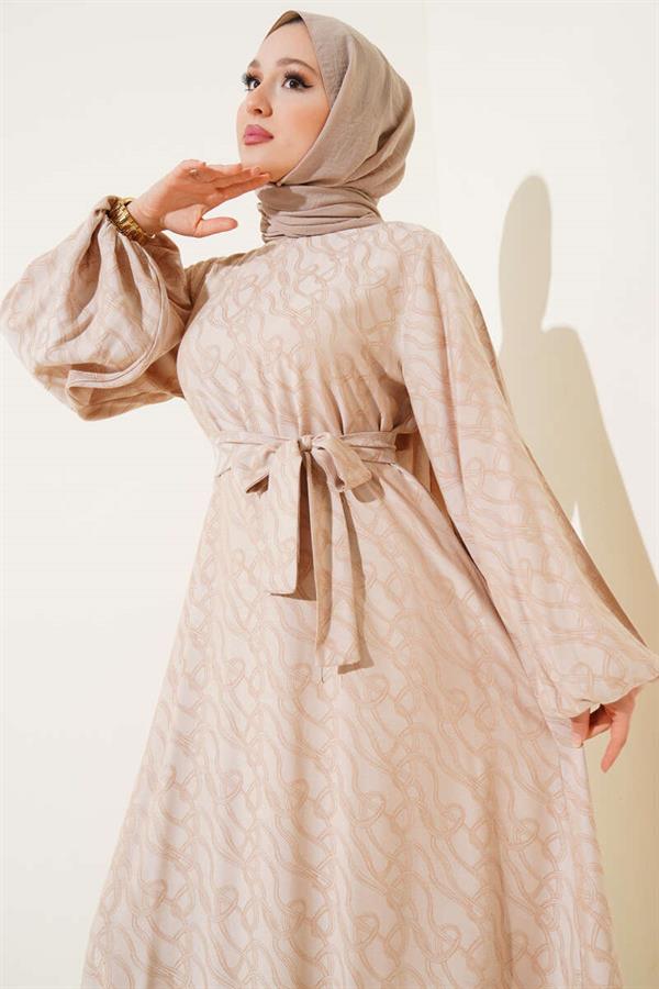 Elasticated Ankle Knot Pattern Dress Beige
