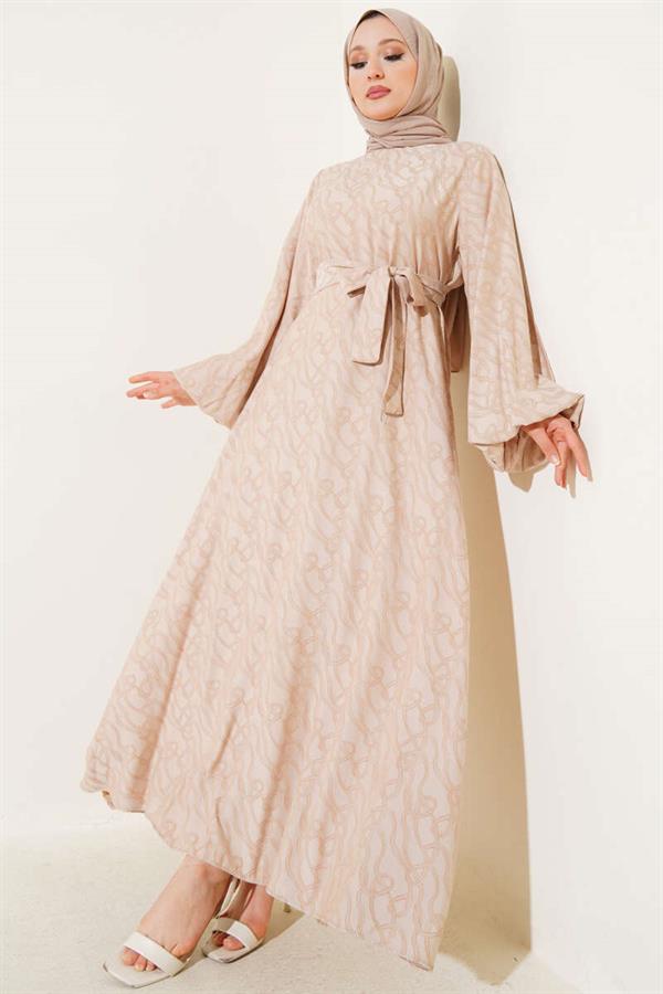 Elasticated Ankle Knot Pattern Dress Beige