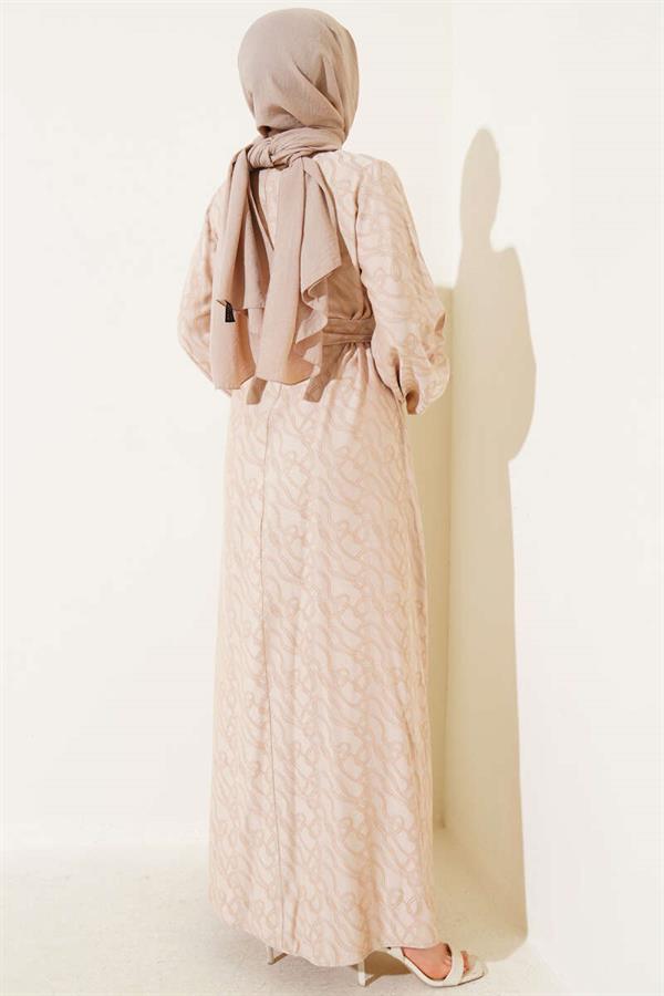 Elasticated Ankle Knot Pattern Dress Beige