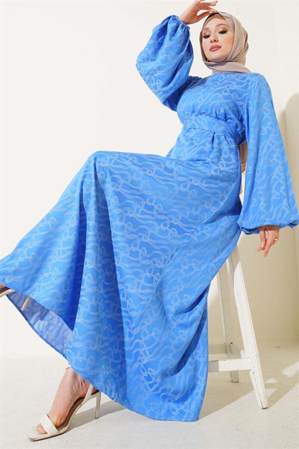 Elasticated Ankle Knot Pattern Dress Blue