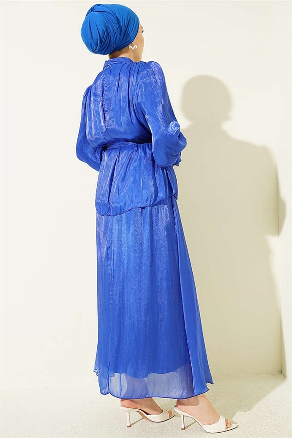 Two-Piece Evening Dress Set with Elasticated Ankle Skirt (Navy Blue)