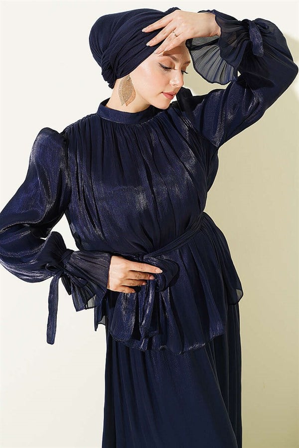 Evening 2 Piece Set with Elasticated Ankle Skirt, Navy Blue