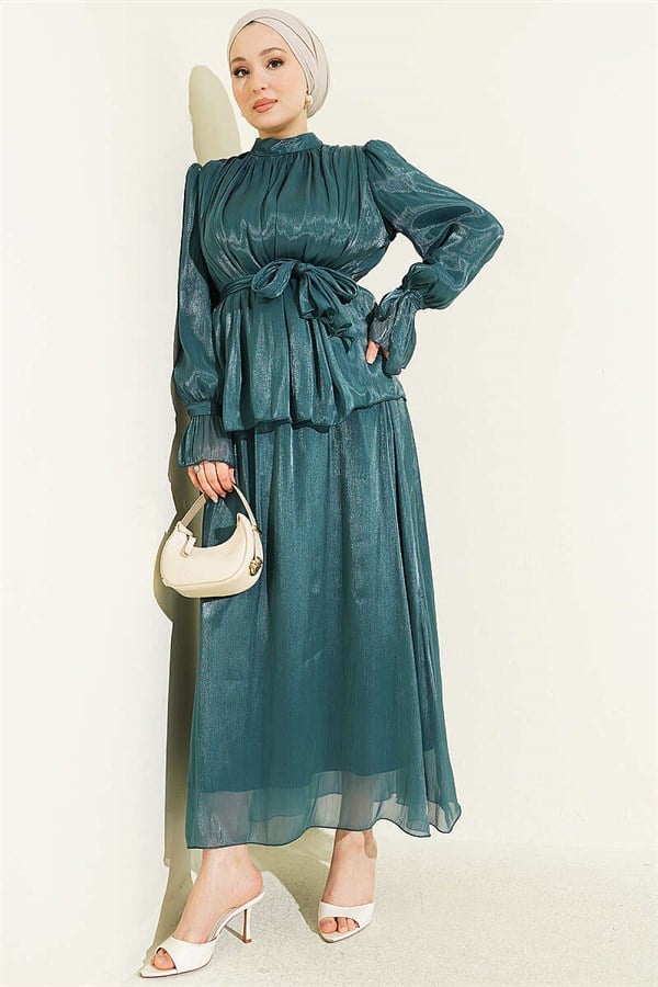 Two-Piece Evening Dress Set with Elasticated Ankle Skirt, Emerald Green