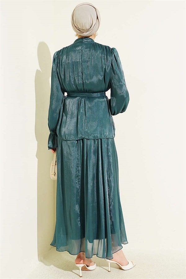 Two-Piece Evening Dress Set with Elasticated Ankle Skirt, Emerald Green