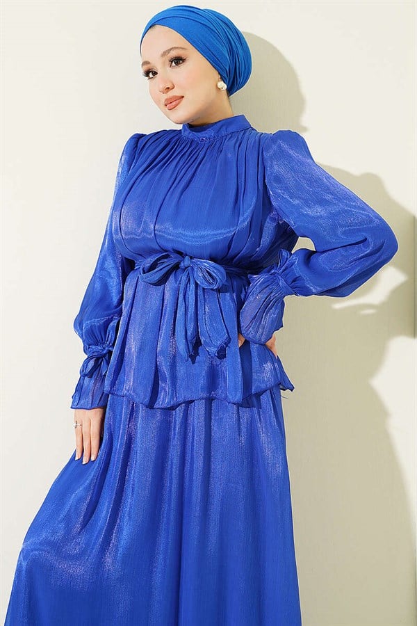 Two-Piece Evening Dress Set with Elasticated Ankle Skirt (Navy Blue)