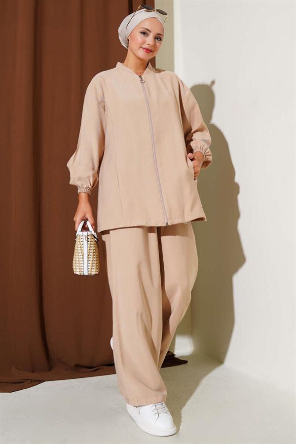 Elasticated Wrist Zippered Tencel 2 Piece Set Latte