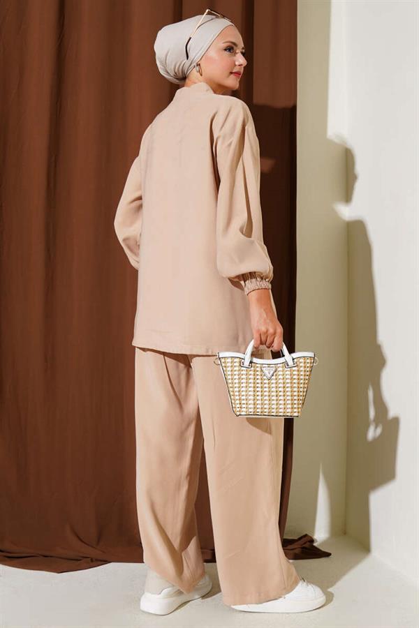 Elasticated Wrist Zippered Tencel 2 Piece Set Latte