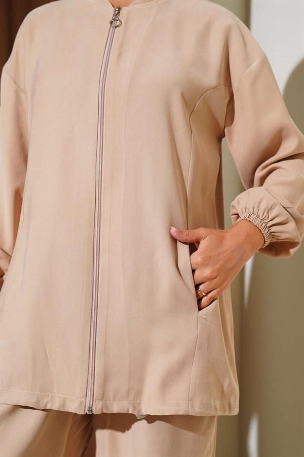 Elasticated Wrist Zippered Tencel 2 Piece Set Latte