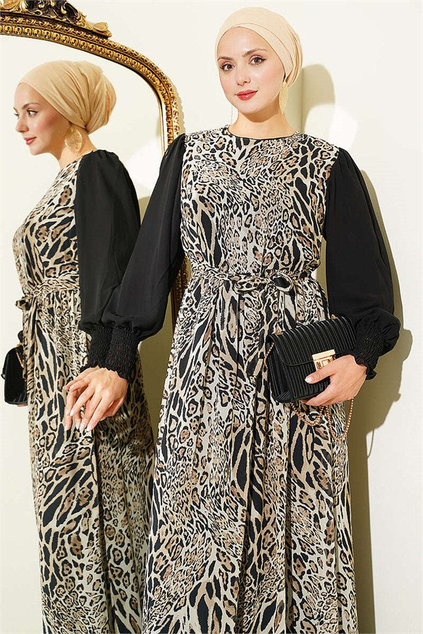 Leopard Print Dress with Elastic Ankle Straps and Trim