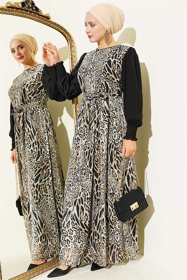 Leopard Print Dress with Elastic Ankle Straps and Trim