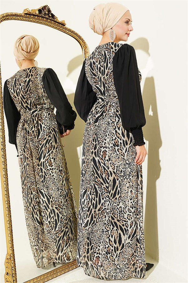 Leopard Print Dress with Elastic Ankle Straps and Trim