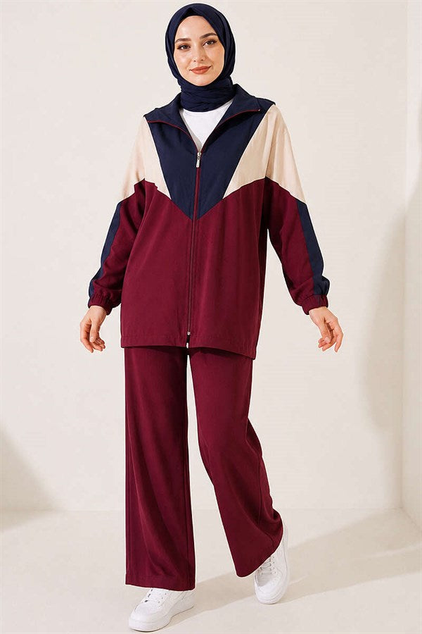 2 Piece Set with Elastic Ankle Straps and Trim, Burgundy