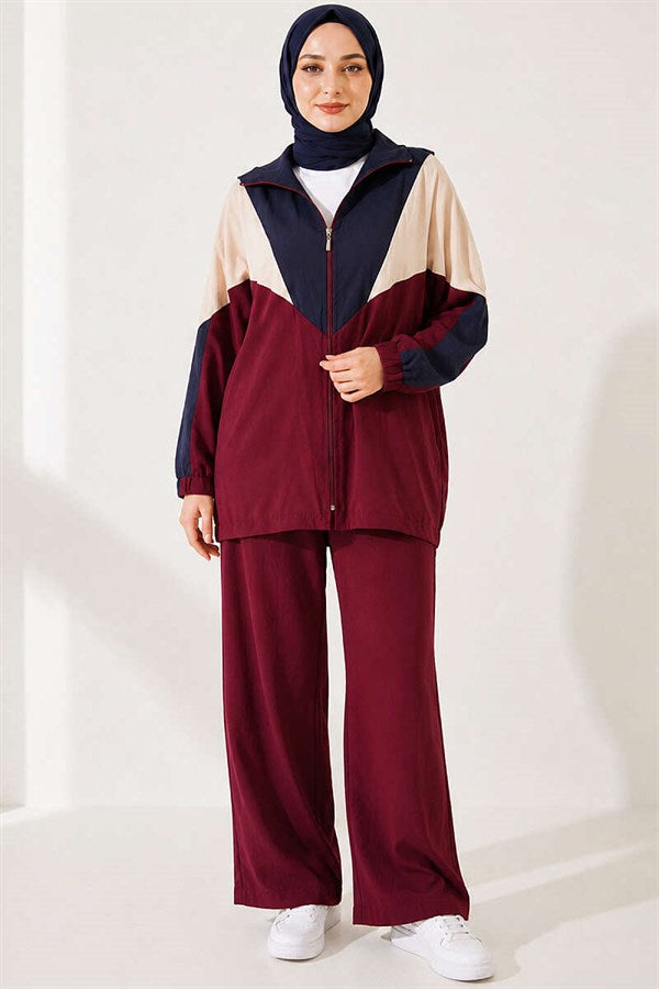 2 Piece Set with Elastic Ankle Straps and Trim, Burgundy
