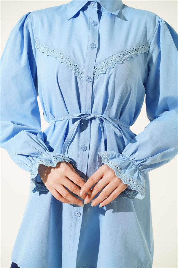 Baby Blue Shirt with Elasticated Cuffs and Lace Detail