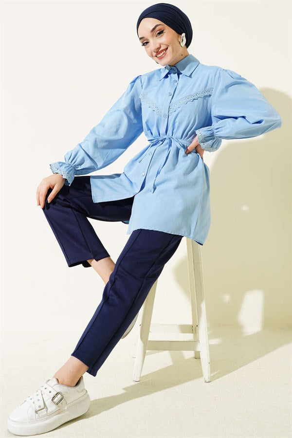 Baby Blue Shirt with Elasticated Cuffs and Lace Detail