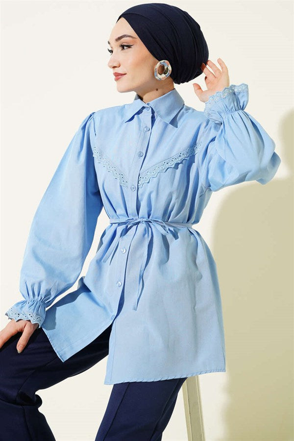 Baby Blue Shirt with Elasticated Cuffs and Lace Detail