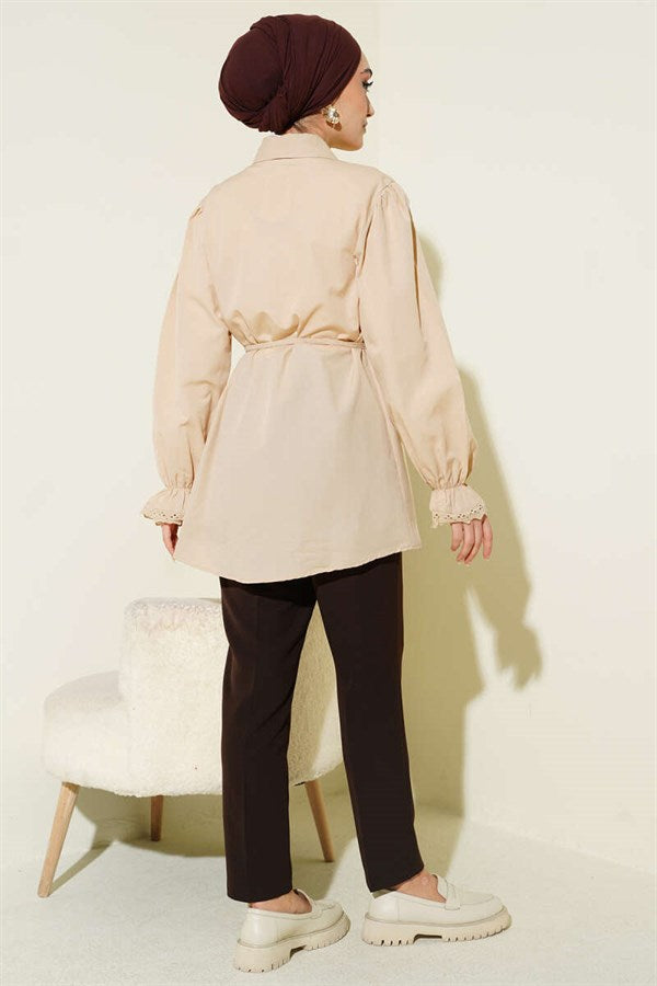 Beige Shirt with Elasticated Cuffs and Lace Details