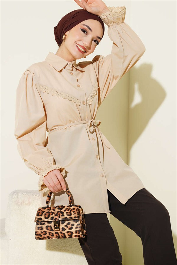 Beige Shirt with Elasticated Cuffs and Lace Details
