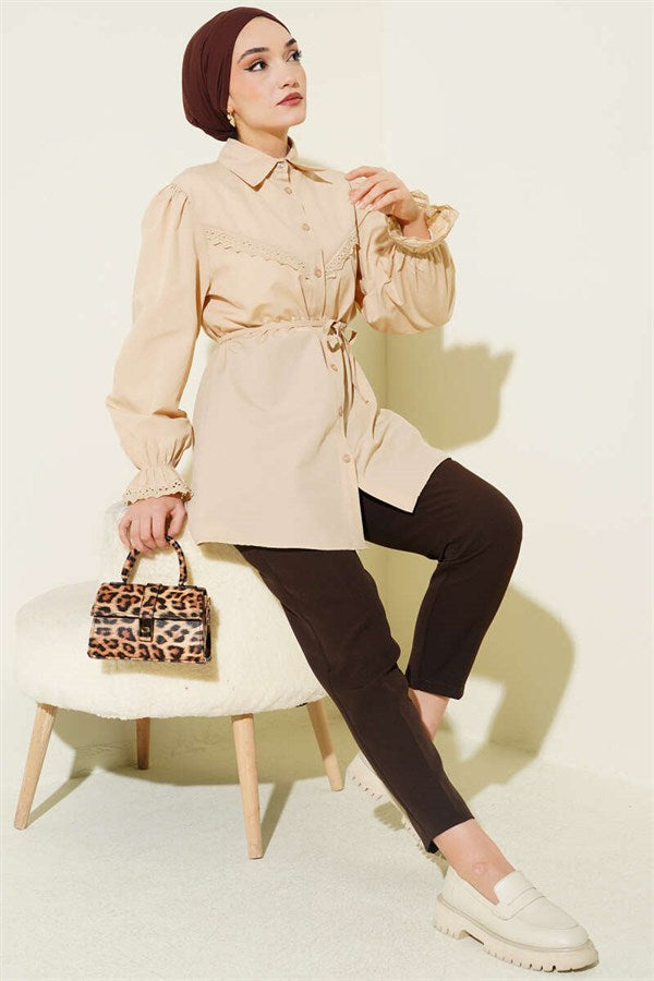 Beige Shirt with Elasticated Cuffs and Lace Details