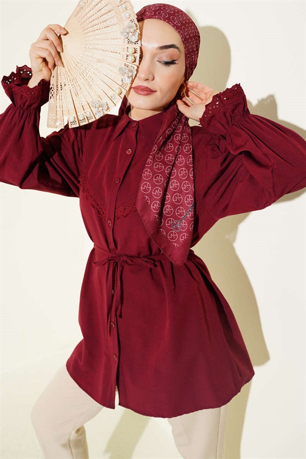 Burgundy Shirt with Elasticated Cuffs and Lace Details