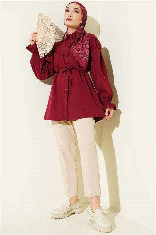 Burgundy Shirt with Elasticated Cuffs and Lace Details