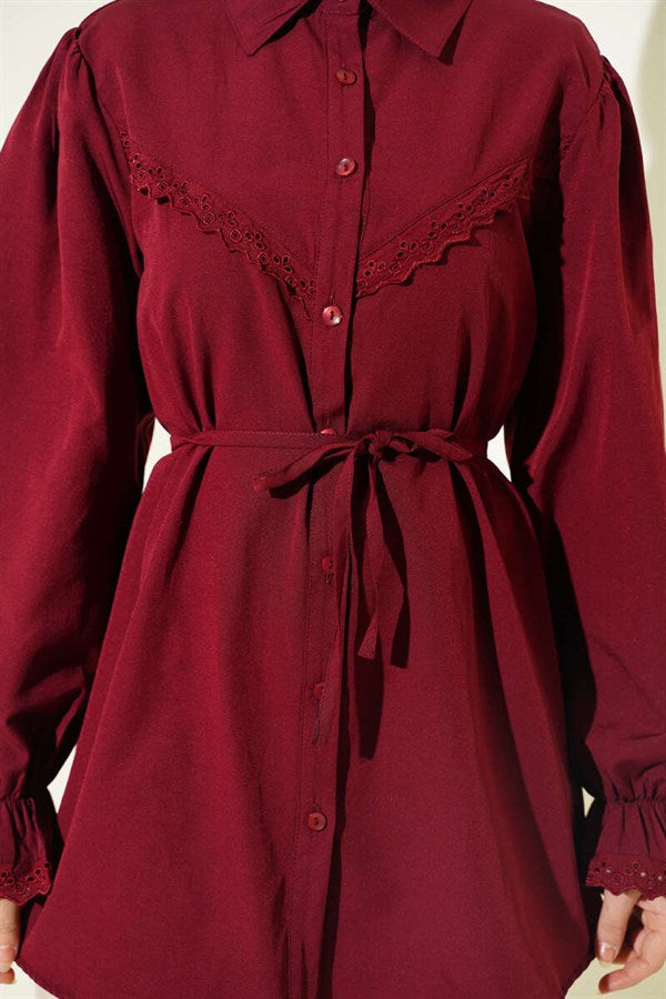 Burgundy Shirt with Elasticated Cuffs and Lace Details