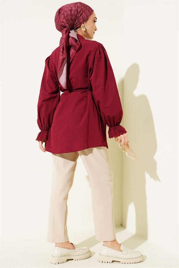 Burgundy Shirt with Elasticated Cuffs and Lace Details