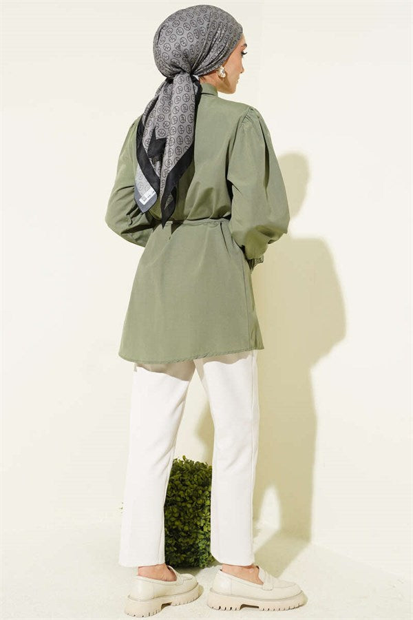 Shirt with Elastic Cuffs and Lace Detail, Khaki